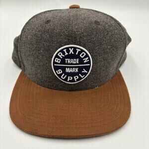 Brixton Supply Hat Cap Snap Back Gray Brown Suede Brim Patch Flat Bill Men's